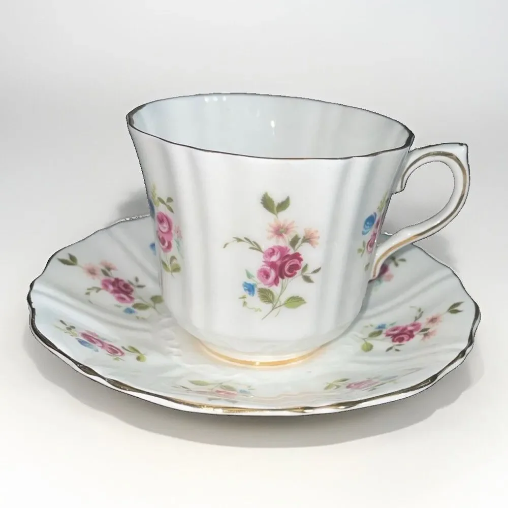 Vintage Old Royal Bone China Pink Rose Teacup & Saucer England Gold Trim